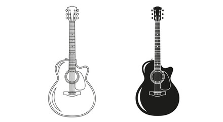 Naklejka premium Two Acoustic Guitars in contrasting white and black silhouettes with monochrome illustration.