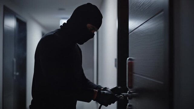The thief is trying to open the door to the house.