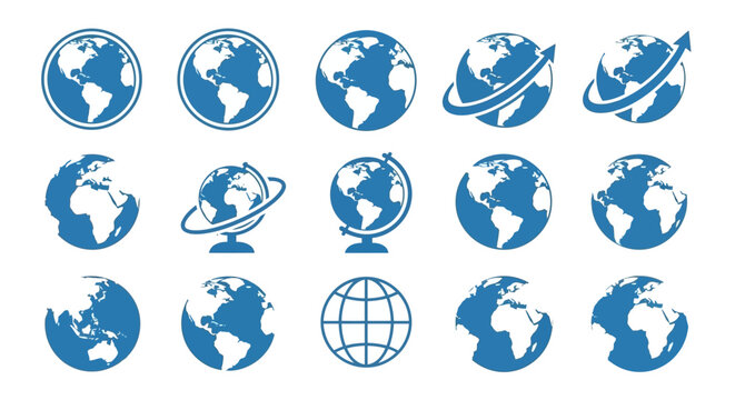 Blue globe icon set with 15 vector earth map symbols, flat planet earth icons for global business and logistics, world map spheres with arrows