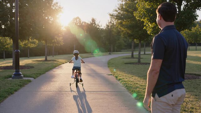 The father holds the bike while his daughter practices riding.