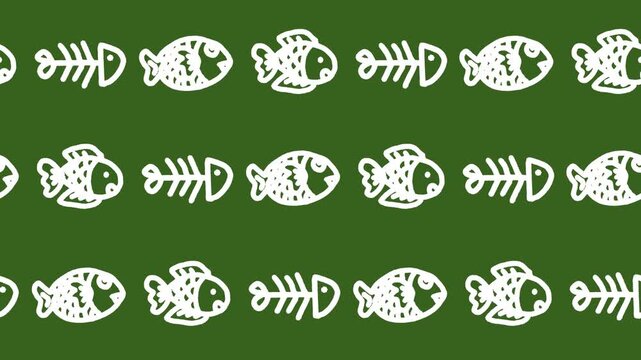 Seamless pattern of hand-drawn cartoon fish and fish bone skeletons on green background animation for marine life wallpaper and seafood restaurant line art backdrop.