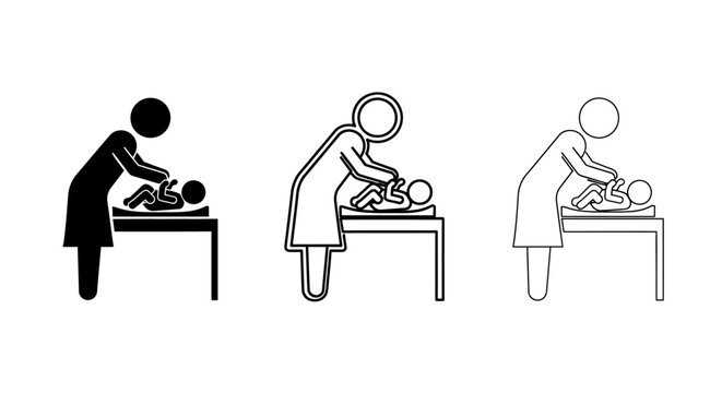 Iconography depicting the care of a baby with three distinct representations showing diaper changes