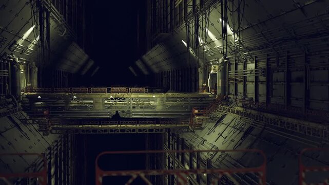 Central engineering bay with reactor platform, catwalks, exposed conduits, glowing indicator panels, heavy metal textures and low ambient lighting.