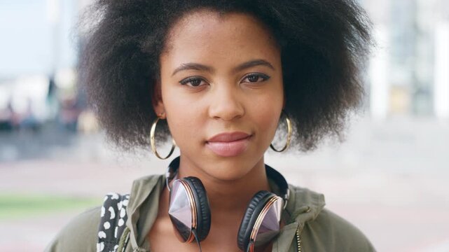 Face, outdoor and university with black woman, travel and confidence with fashion, student and academy. Afro, person and college scholarship for PhD, commute and study opportunity in New York
