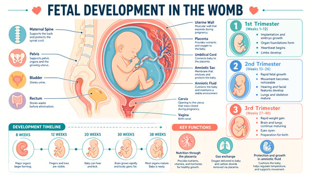 Fetal development in womb horizontal infographic showing pregnancy stages embryo growth milestones ultrasound style panels maternal health education clinic poster for prenatal learning