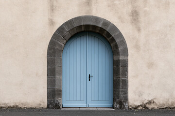 Fototapeta premium Elegant light blue arched double door set within a dark grey stone archway on a textured beige wall, featuring a minimalist and symmetrical architectural design in a clean outdoor setting.