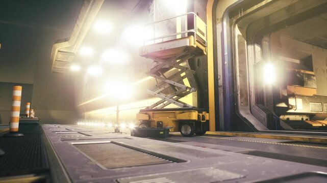 Loading bay with scissor lift, vehicle ramp and illuminated interior, warm sunrise flare, cargo staging, mechanized lift and organized workflow for transport