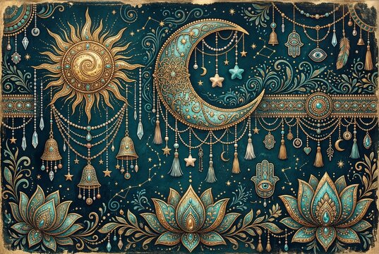 Celestial sun and moon mystical artwork with crescent design, radiant patterns, lotus flowers, teal background, floral motifs, stars, and ornate spiritual harmony generated ai
