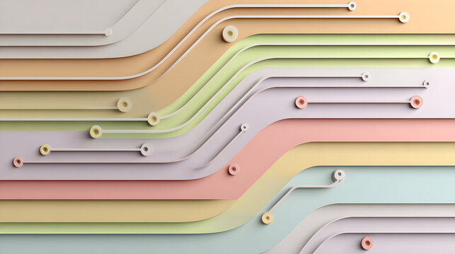 Abstract 3d background with colorful layered paper cut shapes and circuit board style lines and nodes
