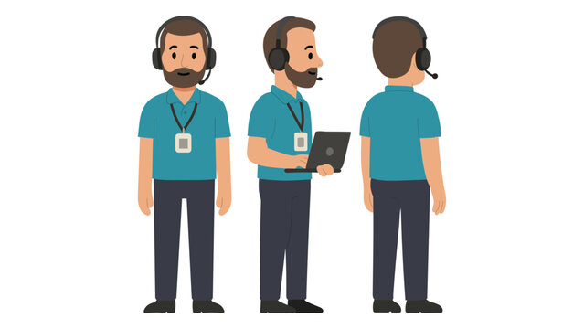 IT Support Technician Male Character with Headset and Laptop Turnaround