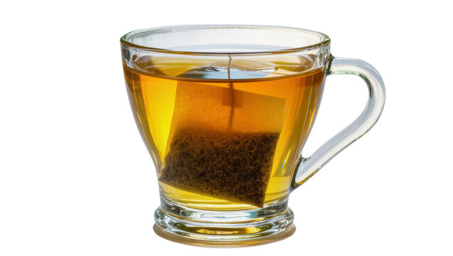 Isolated clear glass mug of hot amber herbal tea with a steeping teabag infusing