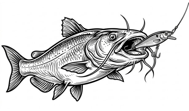 Outlined catfish catching fishing lure hand drawn vector illustration
