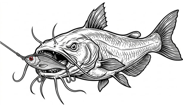 Outlined catfish catching fishing lure hand drawn vector illustration