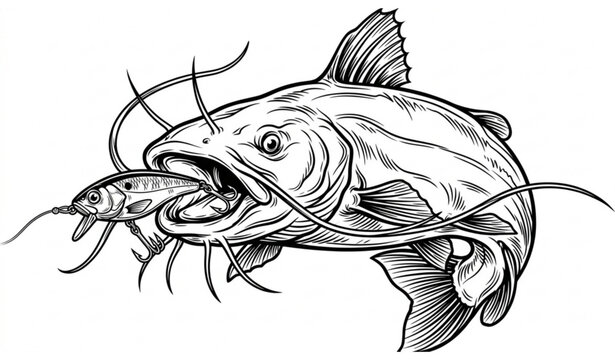 Outlined catfish catching fishing lure hand drawn vector illustration