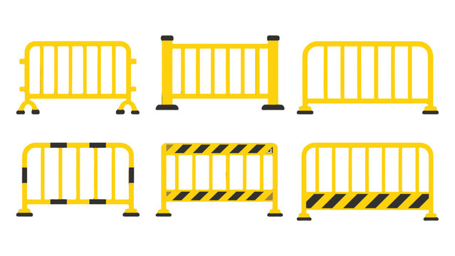 Set of yellow safety barriers and crowd control fences