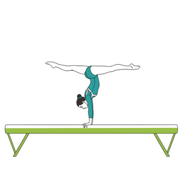 Minimalist illustration of a female gymnast executing a handstand split on a green balance beam