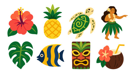 Tropical island themed vector icons set with flowers and turtle © Alan