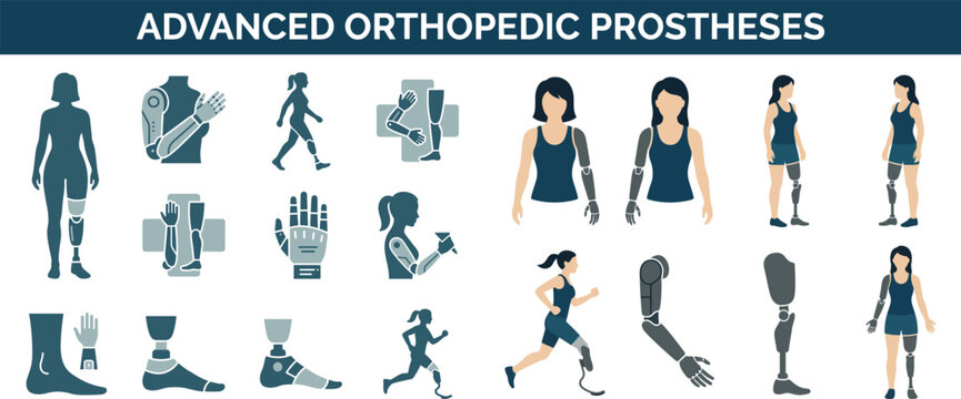 Advanced Orthopedic Prostheses Collection with Artificial Limb and Rehabilitation Icons Vector Set