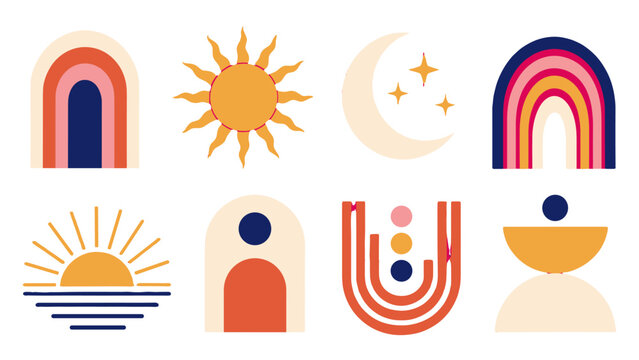 Abstract boho geometric icons with sun moon rainbow shapes
