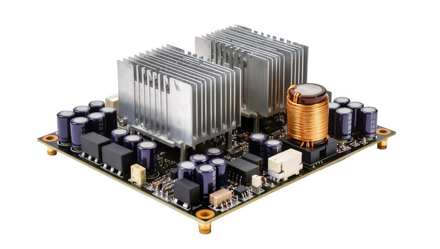 Isolated modern electronic circuit board power module with large heat sinks and componentry.
