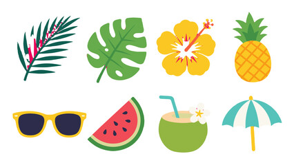 Obraz na płótnie Canvas Tropical summer icon set with leaves fruit and beach items