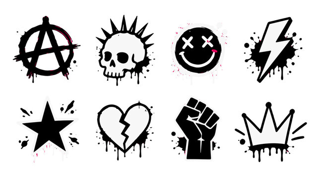 Set of grunge punk symbols with skull crown and lightning