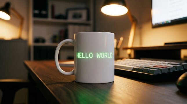 White coffee mug with glowing green 8-bit Hello World text on a programmer desk