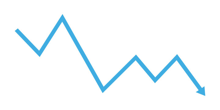 Simple blue line chart graphic showing a clear downward trend and economic decline concept isolated