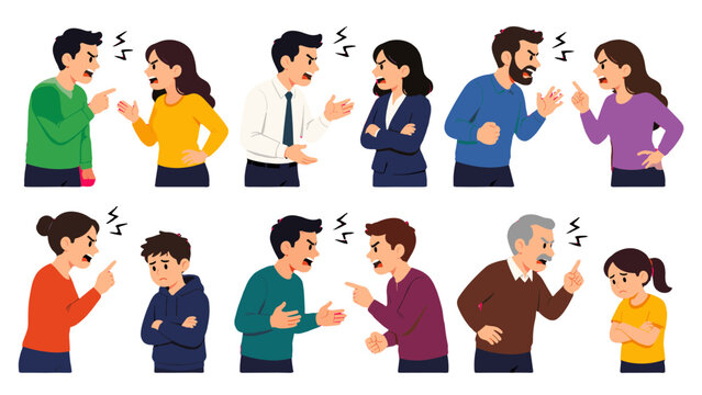 Set of people arguing and scolding in flat vector style