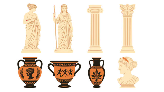 Ancient classical statues, columns and pottery vector set