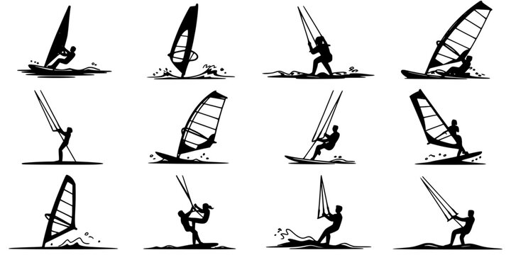 Windsurfers Performing Various Maneuvers in a Series of Silhouettes Featuring Windsurfing, Windsurfer, Silhouette with Sports and Water Sports