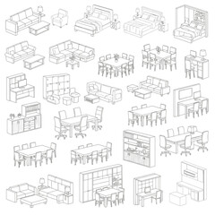 Naklejka premium A comprehensive collection of isometric line drawings depicting various furniture arrangements for residential and office spaces.