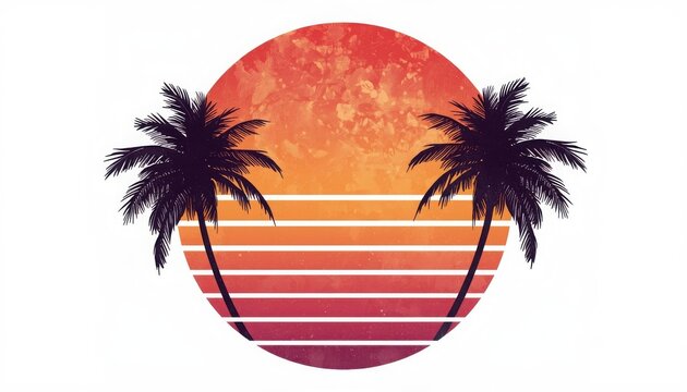 Vibrant tropical sunset with palm trees in a circular gradient design on a white background