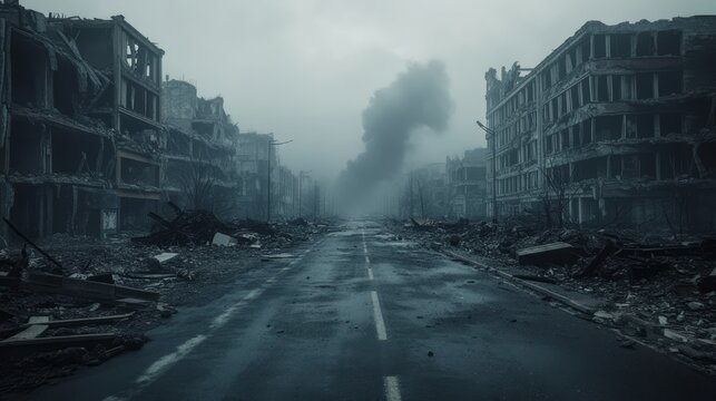 Ruined city road with collapsed buildings debris and empty streets under cloudy sky creating post apocalyptic urban disaster scene with realistic detail dramatic lighting and environmental destruction
