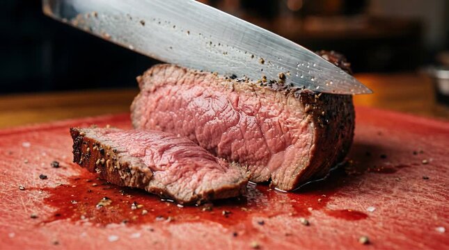 Close up shot of a perfectly cooked medium rare beef roast being sliced with a sharp knife on a red cutting board with visible salt and pepper seasoning and juicy texture ready for a meal in a dimly