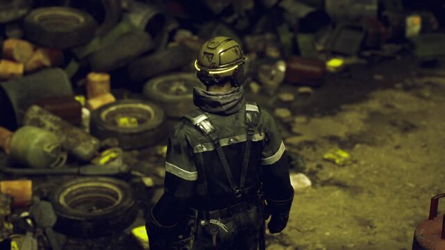 Investigator in protective suit surveying tirestrewn lot at dusk, handheld light revealing rusted barrels, methodical stance, atmospheric shadows,