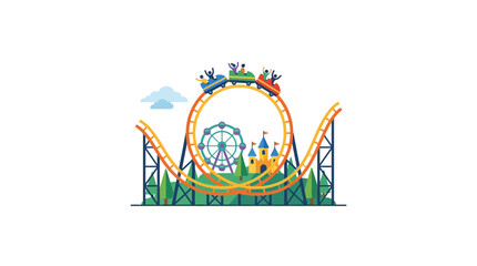 Colorful amusement park roller coaster with ferris wheel and castle © Naila
