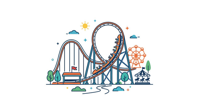 Colorful amusement park roller coaster with ferris wheel and carousel