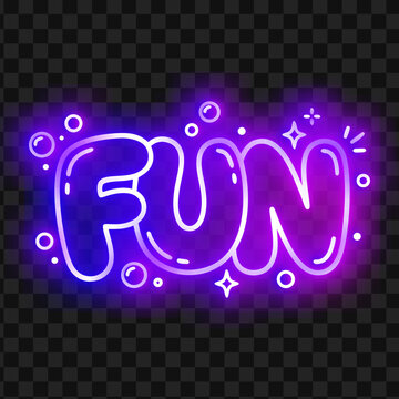 Neon purple bubble font fun word with glowing bubbles and sparkles vector illustration