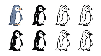 Fototapeta premium Flat vector illustration set showing cute penguin characters in various artistic styles and graphic designs
