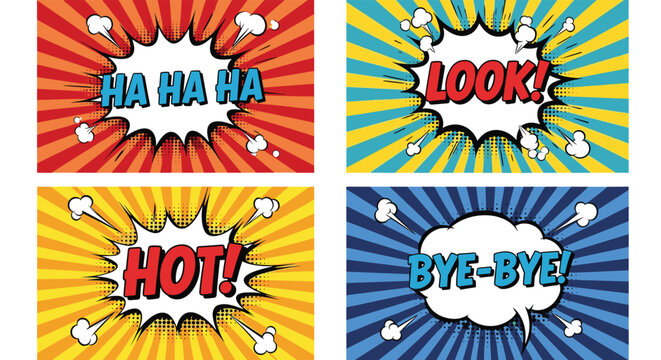 Four colorful comic speech bubbles containing the words Ha Ha Ha, Look, Hot, and Bye-Bye against vibrant ray backgrounds.