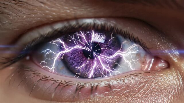 Macro shot of a human eye with shifting colors and electric lightning bolts discharging across the iris, symbolizing power and high energy.