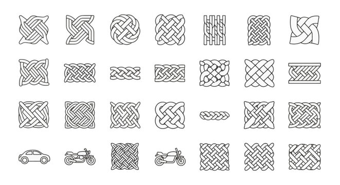 Collection of minimalist black outline icons featuring complex Celtic knots, interwoven braided patterns, geometric interlaced designs, plus simple car and motorcycle line art elements.