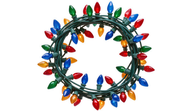 Isolated Traditional Christmas Lights String with Bright Colorful Bulbs Coiled in a Circle