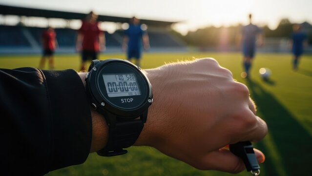 Referee's stopwatch on wrist with soccer players in background on field