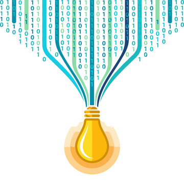 Binary code flowing from an idea lightbulb representing technology innovation and digital electricity
