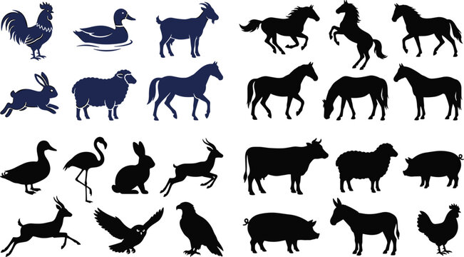 Set of farm animal silhouettes including cow, sheep, pig, donkey, and hen on white background image_0d22e8.png
