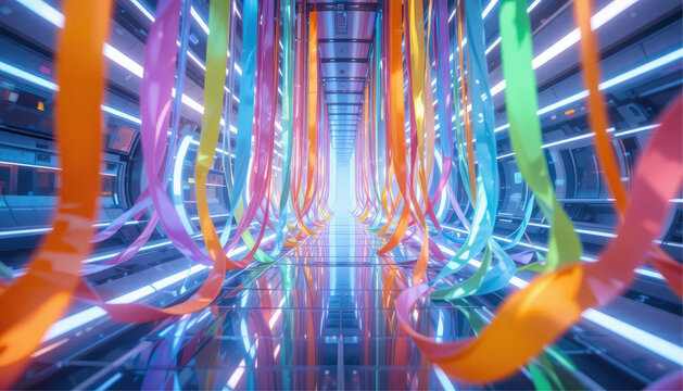 Colorful glowing ribbons suspended in zero gravity, ultra-clean futuristic aesthetic