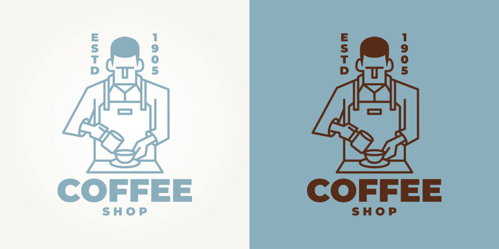 barista or bartender making coffee line art badge icon logo vector illustration design. minimalist coffee shop logo concept