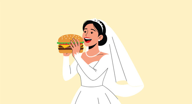 Joyful bride in a white wedding dress and veil is seen laughing while holding and about to eat a large juicy cheeseburger.